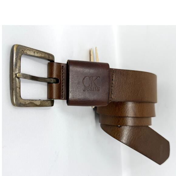 Calvin Klein Jeans Men Dress Belt Medium Brown Genuine Leather Accessories - Picture 1 of 9